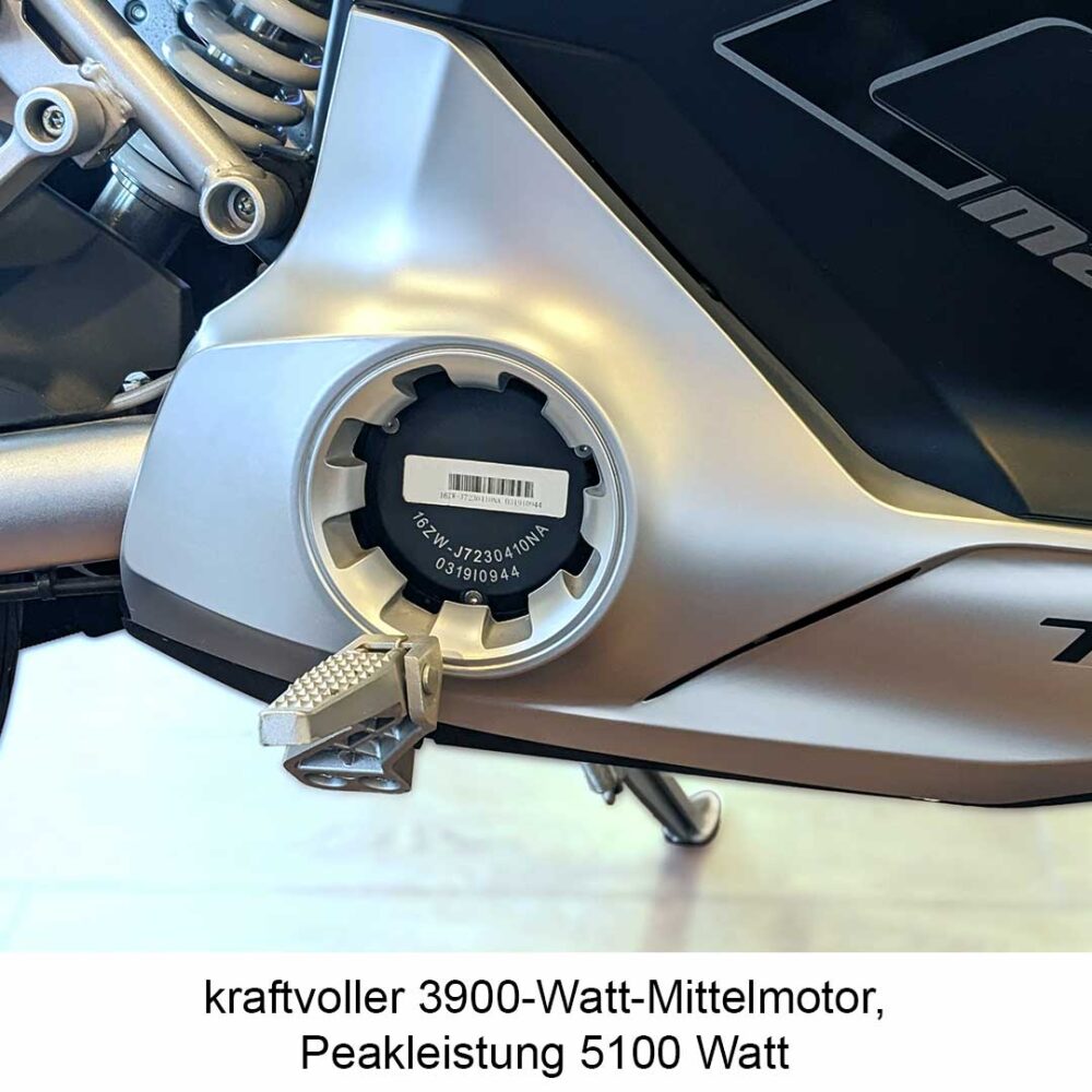 Super Soco TC Max Elektromotorrad, Motorbereich von der Seite