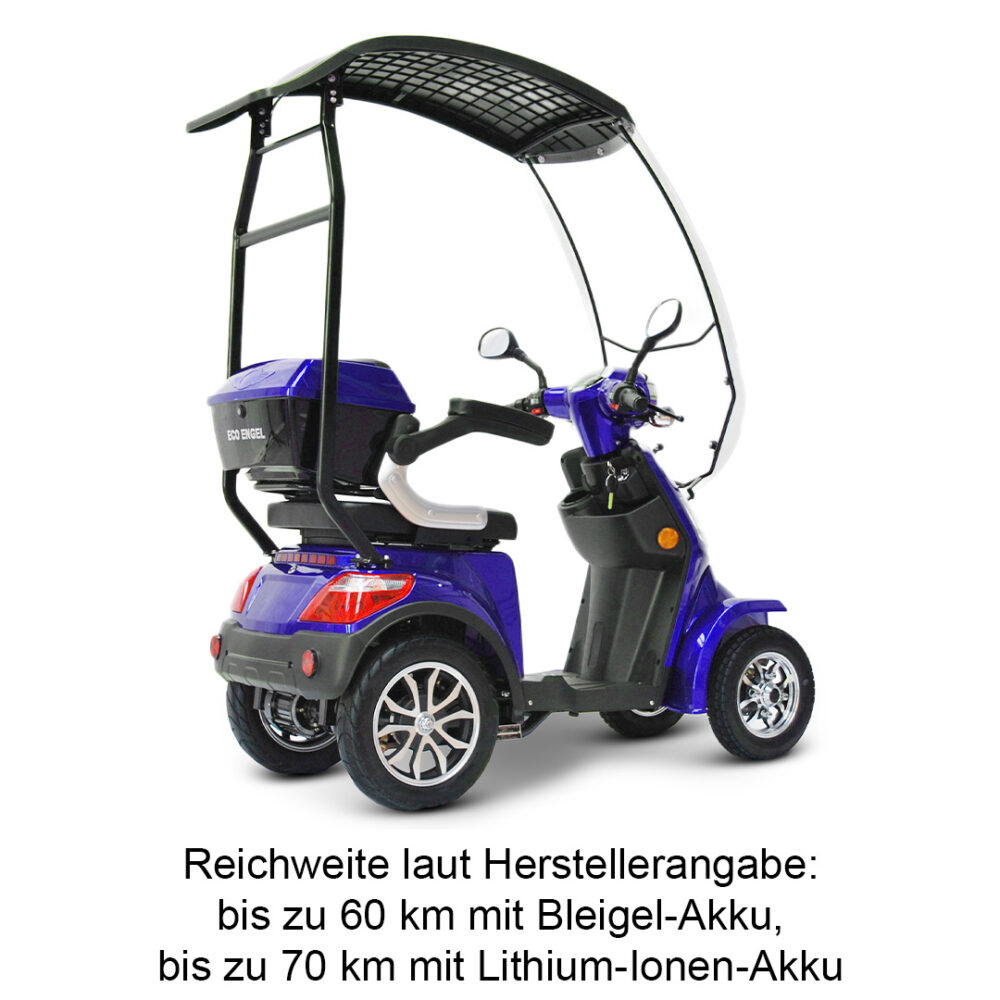 Eco Engel 510 Seniorenmobil mit Dach 25 km/h, Ansicht von schräg hinten in blau