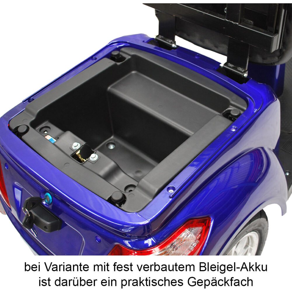 Gepäckfach geöffnet, Eco Engel 503 Seniorenmobil 2-Sitzer, 25 km/h in blau