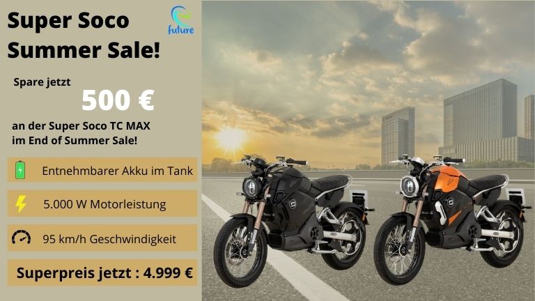 VMOTO End of Summer Sale mit zwei TC MAX in der Seitenansicht vor einer Skyline bei Sonnenuntergang